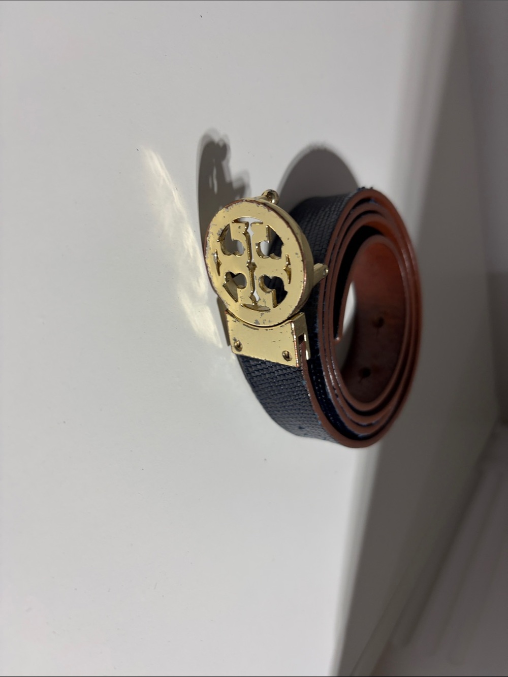 Women Navy and Brown Leather Belt with Gold Logo Buckle